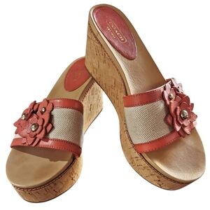 Coach Slip On Jesaca Cork Platform Wedge Coral Pink/Tan Floral Sandals - Sz 8.5